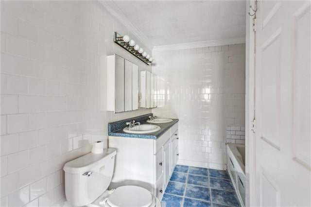 bathroom featuring crown molding, tile patterned floors, tile walls, and a tub