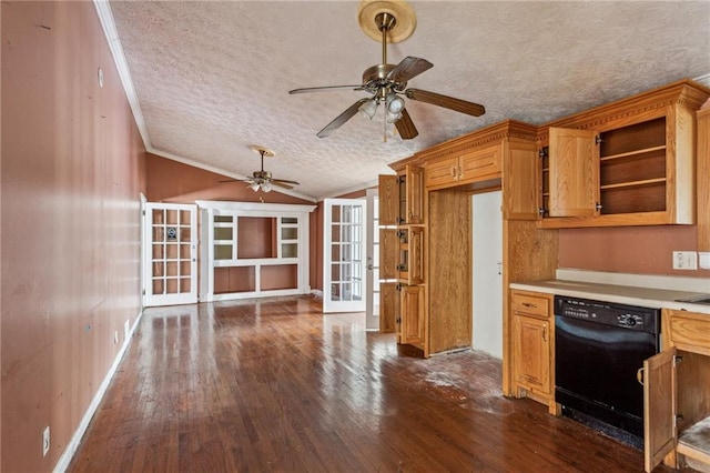 kitchen featuring french doors, dark wood-type flooring, lofted ceiling, a textured ceiling, and black dishwasher