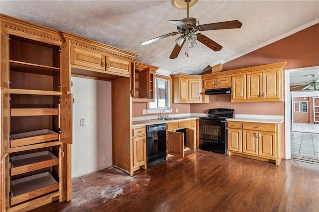 kitchen with lofted ceiling, sink, dark hardwood / wood-style flooring, ceiling fan, and black appliances