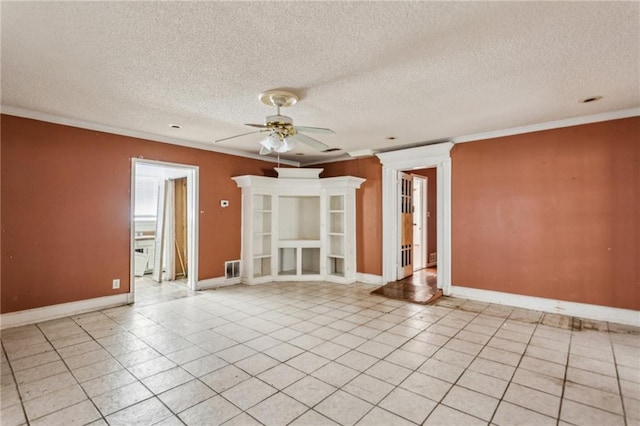 unfurnished living room with crown molding, a textured ceiling, ceiling fan, and light tile patterned flooring