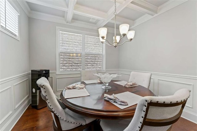 736 Red Wolf Run, Atlanta, GA 30349 - dining area featuring beamed ceiling, coffered ceiling, dark wood-type flooring, and an inviting chandelier