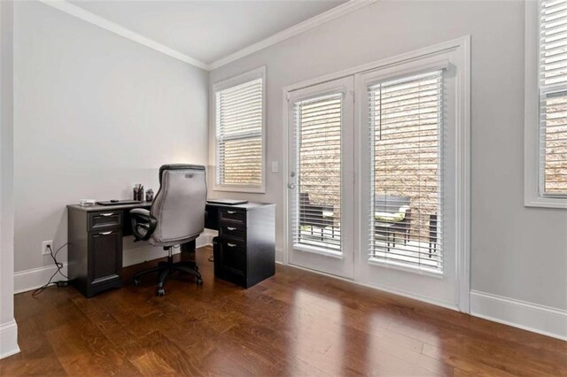 736 Red Wolf Run, Atlanta, GA 30349 - office space with baseboards, dark wood-type flooring, and ornamental molding