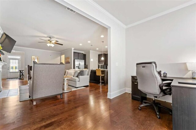 736 Red Wolf Run, Atlanta, GA 30349 - office space with visible vents, baseboards, dark wood finished floors, ceiling fan, and crown molding