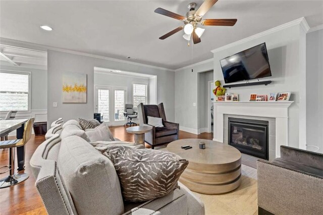 736 Red Wolf Run, Atlanta, GA 30349 - living room featuring wood finished floors, plenty of natural light, ceiling fan, and crown molding