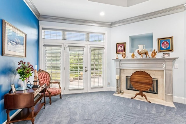 317 Red Gate Overlook, Canton, GA 30115 - living area with ornamental molding, carpet flooring, a high end fireplace, and french doors