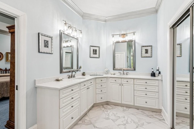 317 Red Gate Overlook, Canton, GA 30115 - ensuite bathroom featuring marble finish flooring, double vanity, and crown molding