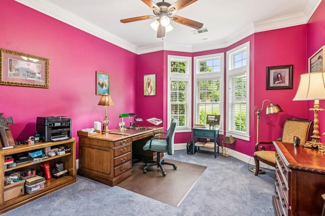 317 Red Gate Overlook, Canton, GA 30115 - carpeted home office with ceiling fan and ornamental molding