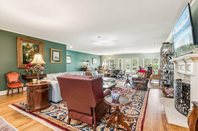 317 Red Gate Overlook, Canton, GA 30115 - living area with ornamental molding, wood finished floors, and a premium fireplace