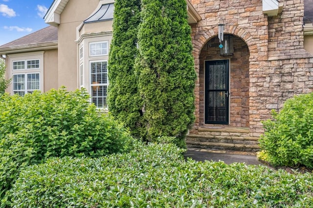 317 Red Gate Overlook, Canton, GA 30115 - view of exterior entry featuring stucco siding, stone siding, and a shingled roof