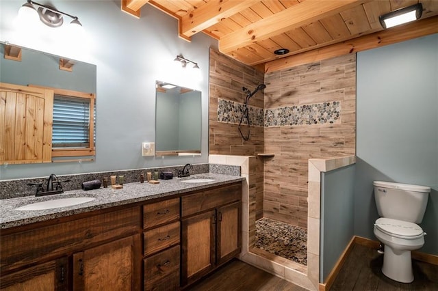 68 Whispering Hawk Ct, Morganton, GA 30560 - full bathroom with a tile shower, wood finished floors, double vanity, and a wood ceiling with exposed beams