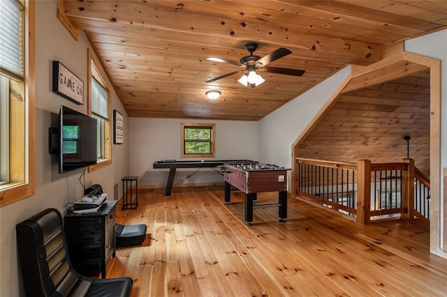 68 Whispering Hawk Ct, Morganton, GA 30560 - rec room featuring light wood-style floors, a ceiling fan, wood ceiling, and lofted ceiling