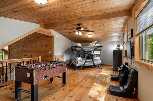 68 Whispering Hawk Ct, Morganton, GA 30560 - rec room with wood ceiling, a ceiling fan, and light wood-style floors