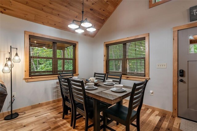 68 Whispering Hawk Ct, Morganton, GA 30560 - dining space with wood finished floors, a chandelier, wood ceiling, and high vaulted ceiling