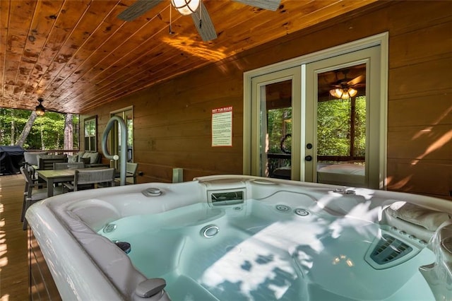 68 Whispering Hawk Ct, Morganton, GA 30560 - deck with a hot tub, a ceiling fan, french doors, and a grill