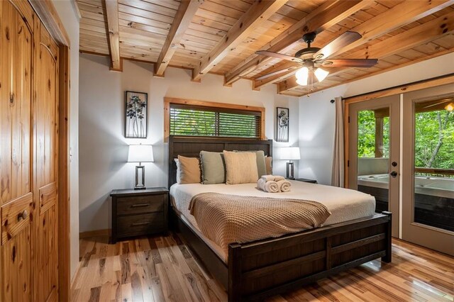 68 Whispering Hawk Ct, Morganton, GA 30560 - bedroom with a wood ceiling with exposed beams, access to exterior, light wood finished floors, and french doors
