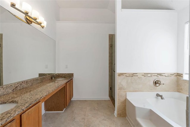 bathroom with independent shower and bath, vanity, and tile patterned floors