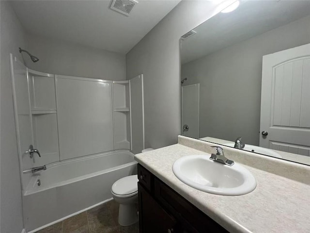 full bath with toilet, bathing tub / shower combination, vanity, and visible vents