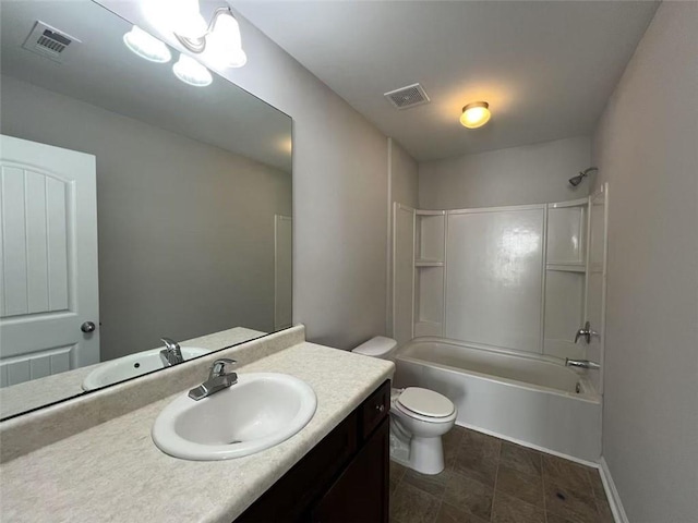 full bathroom with toilet, bathing tub / shower combination, vanity, and visible vents