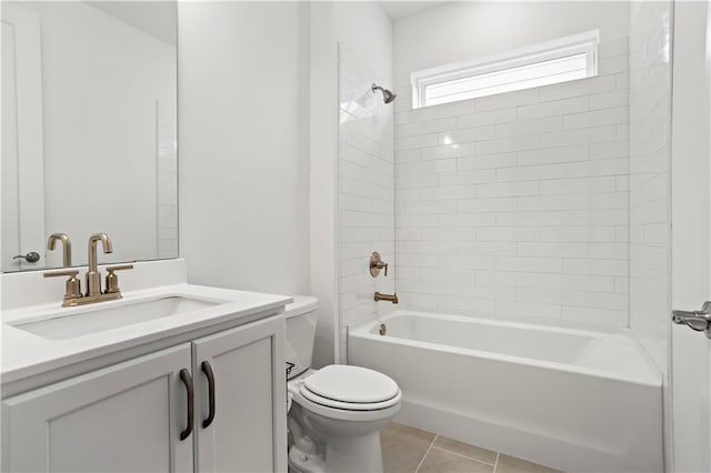full bathroom with toilet, washtub / shower combination, vanity, and tile patterned floors