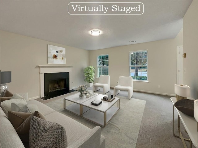 living room featuring light colored carpet