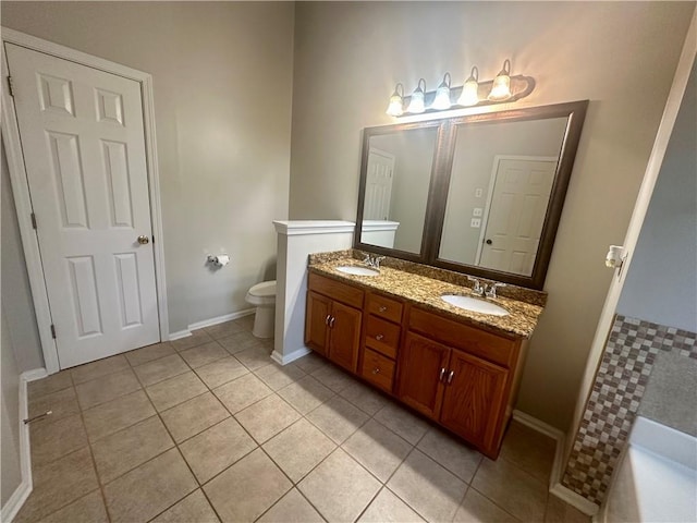 bathroom featuring toilet, vanity, and tile patterned flooring