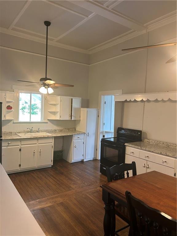 216 Hardee St, Dallas, GA 30132 - kitchen featuring a sink, black range with electric cooktop, open shelves, white cabinetry, and a ceiling fan