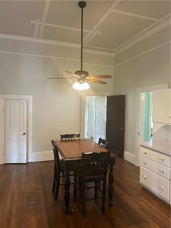 216 Hardee St, Dallas, GA 30132 - dining space featuring baseboards, dark wood-style flooring, crown molding, and ceiling fan