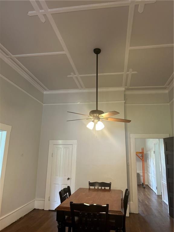 216 Hardee St, Dallas, GA 30132 - dining room with dark wood finished floors, ceiling fan, baseboards, and ornamental molding