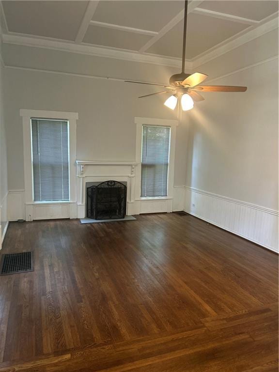 216 Hardee St, Dallas, GA 30132 - unfurnished living room featuring a fireplace, wood finished floors, ceiling fan, wainscoting, and crown molding