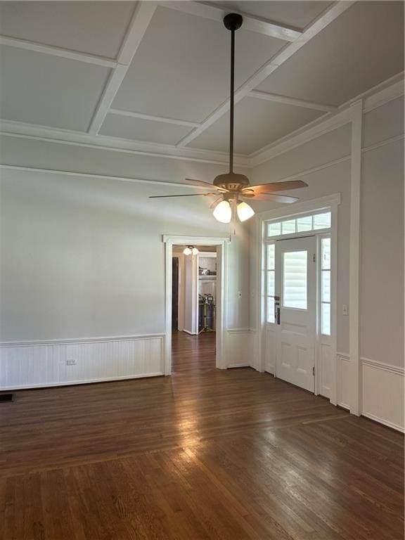 216 Hardee St, Dallas, GA 30132 - empty room featuring coffered ceiling, a decorative wall, ceiling fan, dark wood-style floors, and wainscoting