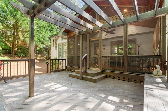 deck featuring a pergola and ceiling fan