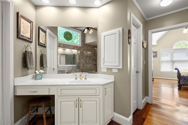 bathroom featuring baseboards, vanity, wood finished floors, and a wealth of natural light
