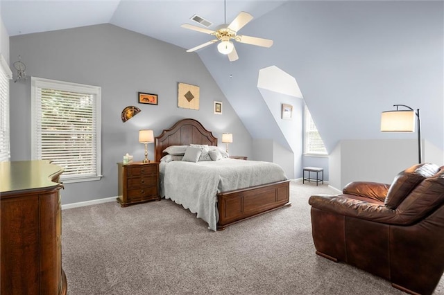 carpeted bedroom featuring baseboards, a ceiling fan, vaulted ceiling, and visible vents