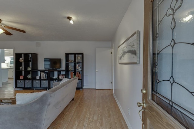 living room featuring ceiling fan and light hardwood / wood-style floors