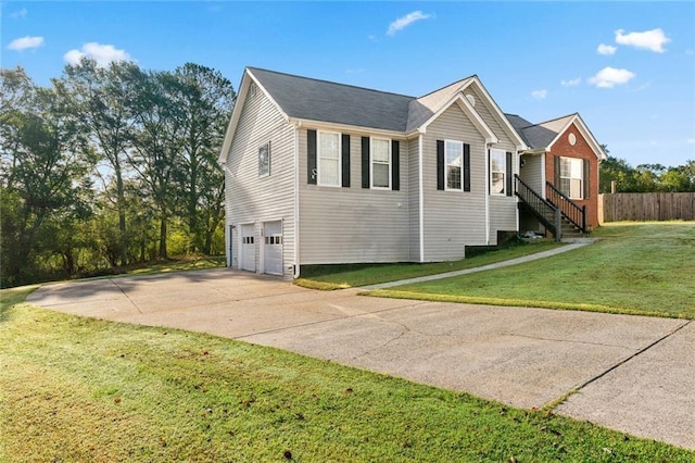 view of property exterior with a garage and a lawn