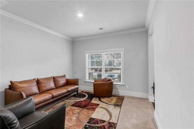 living room with carpet floors, visible vents, ornamental molding, and baseboards