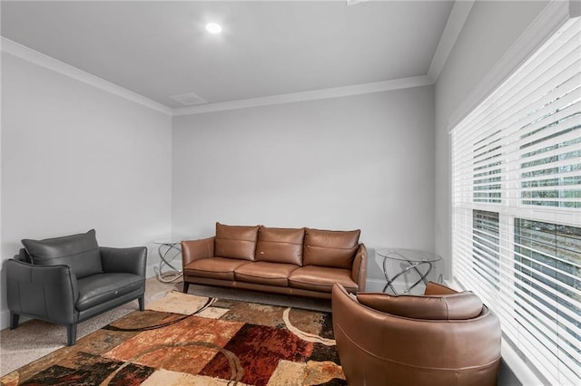 living room with baseboards and ornamental molding