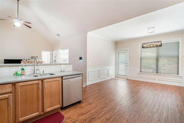 1856 Temple Park Dr, Loganville, GA 30052 - kitchen featuring dishwasher, open floor plan, ceiling fan, light wood-type flooring, and a wainscoted wall
