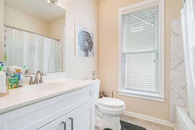 1856 Temple Park Dr, Loganville, GA 30052 - full bath featuring vanity, shower / tub combo, and tile patterned flooring