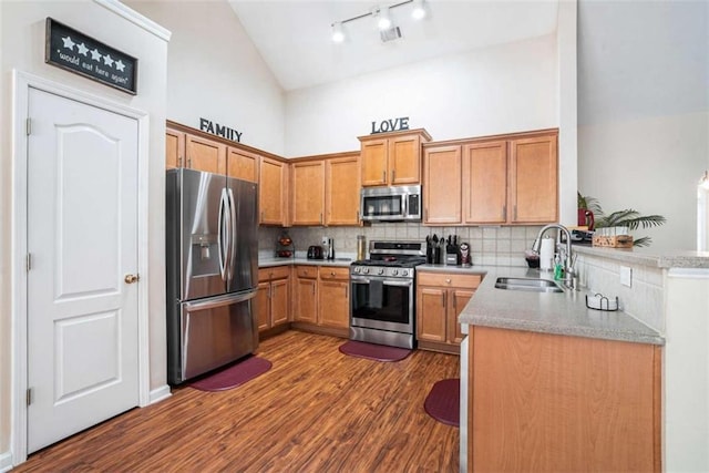 1856 Temple Park Dr, Loganville, GA 30052 - kitchen with appliances with stainless steel finishes, a peninsula, dark wood-type flooring, decorative backsplash, and rail lighting