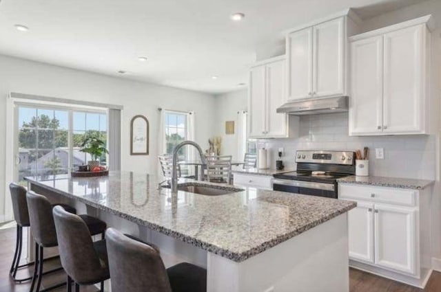 kitchen with stainless steel electric range, white cabinets, and a center island with sink