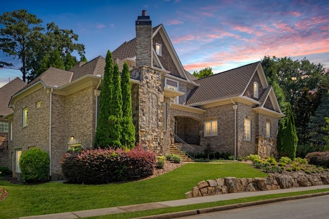 view of side of home with stairs, a chimney, and a yard