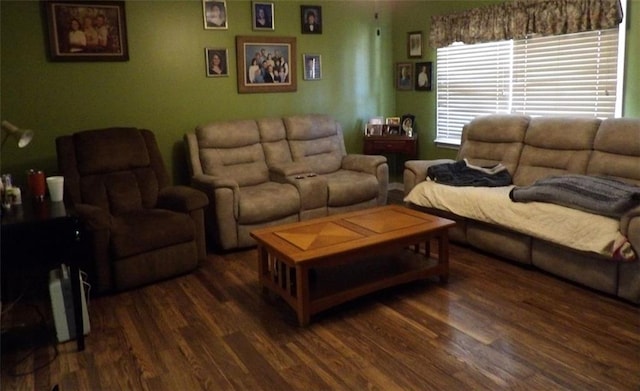 living room with dark hardwood / wood-style flooring