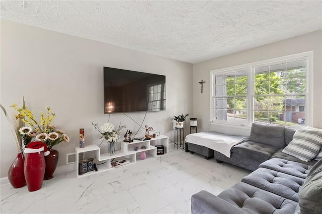 living room with a textured ceiling