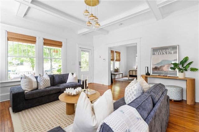 living room featuring coffered ceiling, hardwood / wood-style floors, healthy amount of natural light, beamed ceiling, and a chandelier