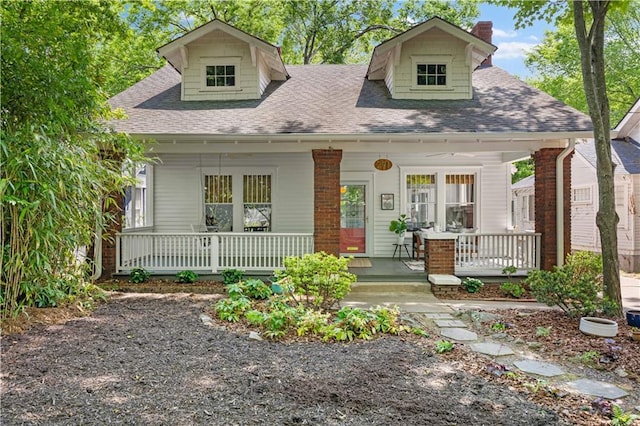 cape cod house with covered porch, roof with shingles, and a chimney