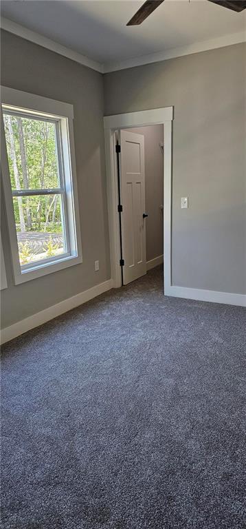 6093 Wayarer Dr, Villa Rica, GA 30180 - carpeted spare room with a ceiling fan, baseboards, and crown molding
