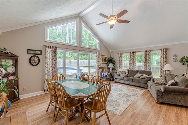 1667 Quail Run, Conyers, GA 30094 - dining room featuring plenty of natural light, light wood-style flooring, a ceiling fan, high vaulted ceiling, and beamed ceiling