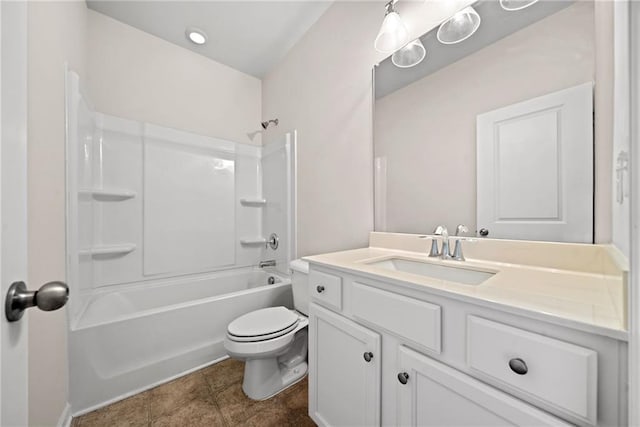 full bath featuring toilet, bathtub / shower combination, and vanity