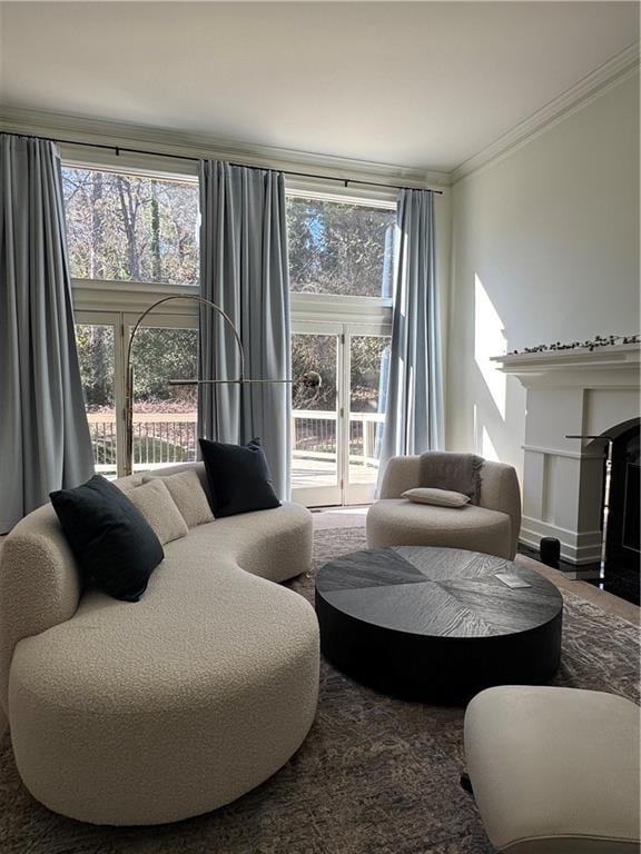 living room with crown molding and a wealth of natural light